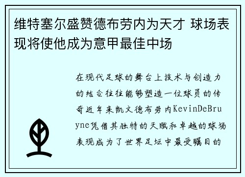 维特塞尔盛赞德布劳内为天才 球场表现将使他成为意甲最佳中场
