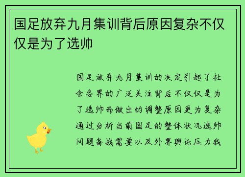 国足放弃九月集训背后原因复杂不仅仅是为了选帅