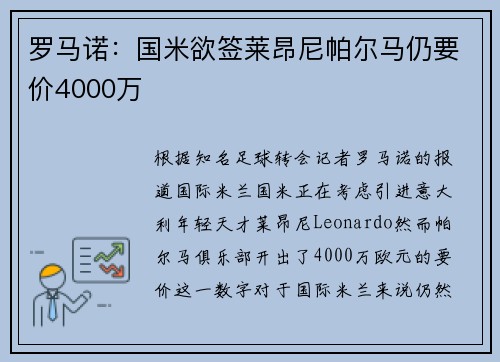 罗马诺：国米欲签莱昂尼帕尔马仍要价4000万