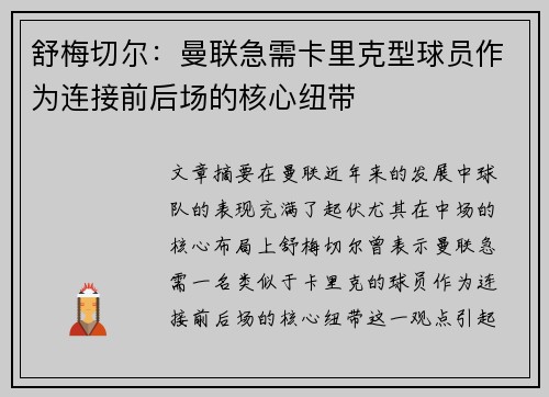 舒梅切尔：曼联急需卡里克型球员作为连接前后场的核心纽带